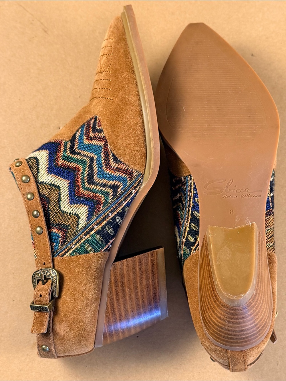 Sbicca Tan Suede Heeled Booties with Multicolor Chevron Inset - Picture 8 of 10